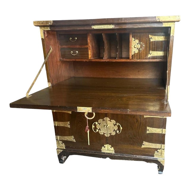 Korean Elmwood and Brass Campaign Style Secretary Desk - Vintage Late 20th Century For Sale
