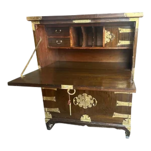Korean Elmwood and Brass Campaign Style Secretary Desk - Vintage Late 20th Century