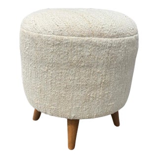 Vintage Handwoven Hemp Pouf Beige & Teal 1960s For Sale