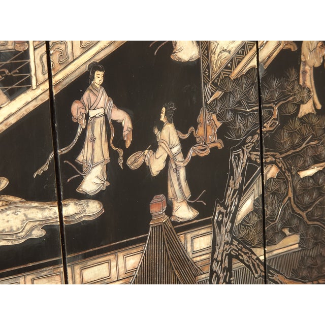 Vintage Oriental Asian Palace City Coromandel Chinoiserie Black Six Panel Screen For Sale - Image 12 of 17