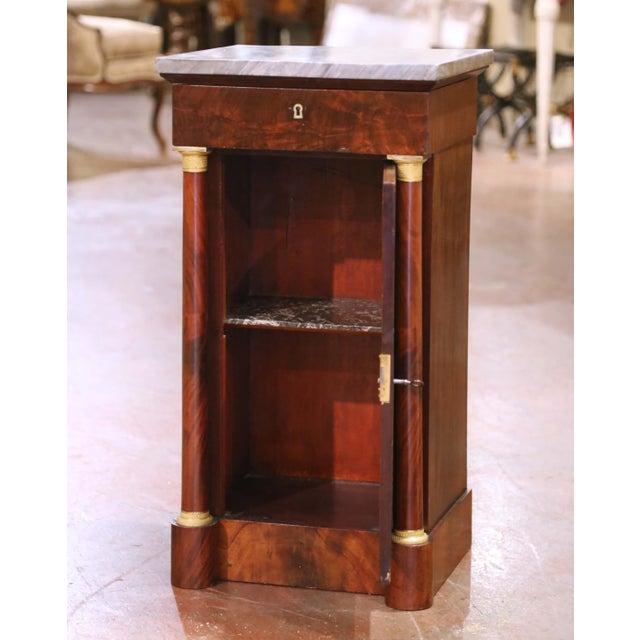 Brown 19th Century French Empire Marble Top Carved Walnut Vanity Cabinet With Mirror For Sale - Image 8 of 12