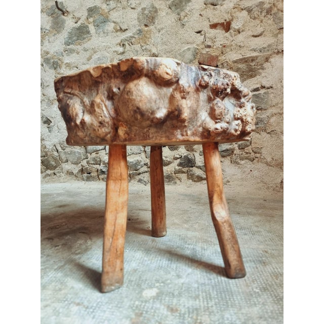 Brutalist French Burled Cherrywood Stool Primitive Milking Stool, 1890s For Sale - Image 9 of 11