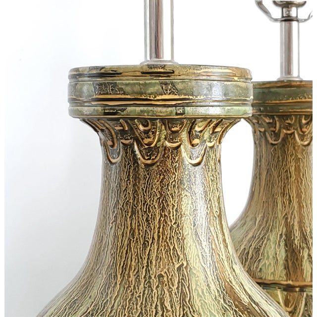 Green Large Lamps Sage Green & Bronze Painted Plaster New Nickel Silver Hardware - Pair For Sale - Image 8 of 14