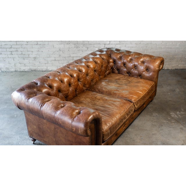 Restoration Hardware Distressed Cigar Leather Kensington Luxe Sofa For Sale - Image 10 of 17