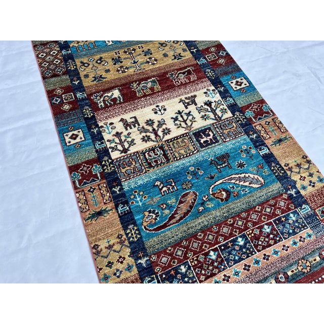 2000 - 2009 Hand-Knotted Khorjin Pictorial Gabbeh Runner With Horsemen, 2'11" X 9'5" For Sale - Image 5 of 12