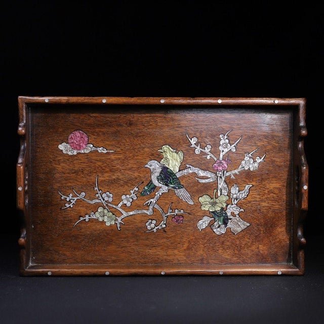 Traditional Vintage Hardwood Tray With Mother-of-Pearl Bird and Floral Inlay For Sale - Image 3 of 9