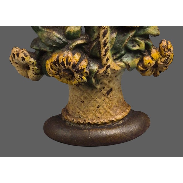American Antique Cast Iron Yellow Flower Basket Doorstop For Sale - Image 3 of 8