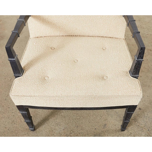 Wood Pair of Modern Cerused Oak Faux Bamboo Bouclé Armchairs For Sale - Image 7 of 12