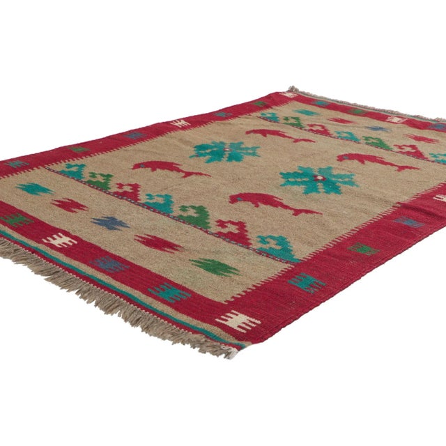 61043 Vintage Persian Shiraz Kilim Rug, 03'04 x 04'09. This handwoven wool vintage Persian Shiraz kilim rug is a...