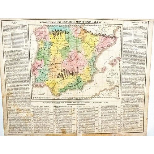 Colorful map of Spain and Portugal. Title: Geographical and Statistical Map of Spain and Portugal; created by M Lavoisne,...