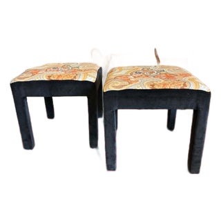 Pair Mid Century Orange and Black Ottomans Upholstered in the Manner of Jack Lenor Larsen For Sale