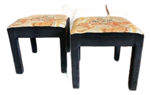 Pair Mid Century Orange and Black Ottomans Upholstered in the Manner of Jack Lenor Larsen