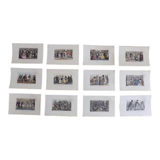 Antique 19th Century Hand Colored Etched & Aquatint English & French Society Scenes - Set of 12 For Sale