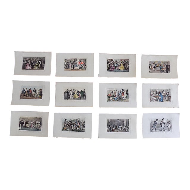 Antique 19th Century Hand Colored Etched & Aquatint English & French Society Scenes - Set of 12 For Sale