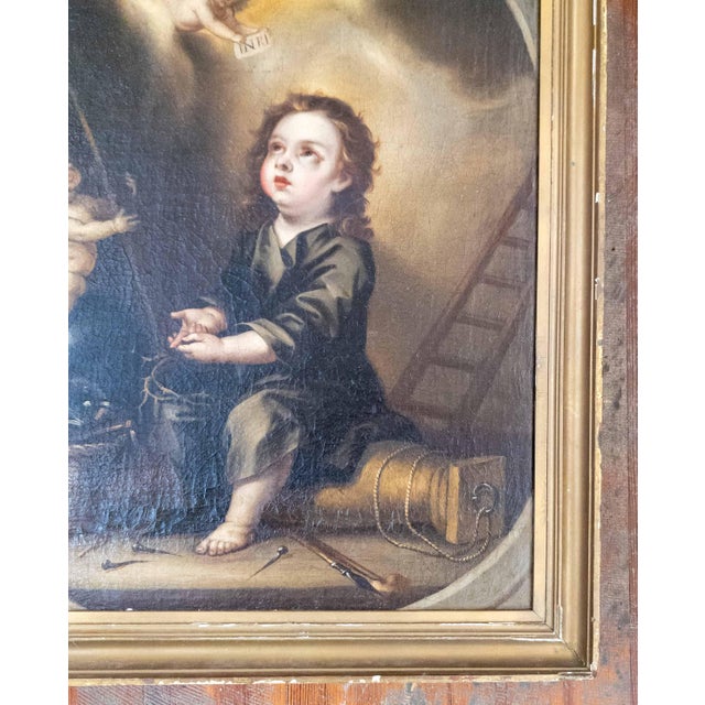 18th Century 17/18th C. Spanish School Painting of Boy With Passion Attributes, Follower of Bartolomeo Esteban Murillo For Sale - Image 5 of 18