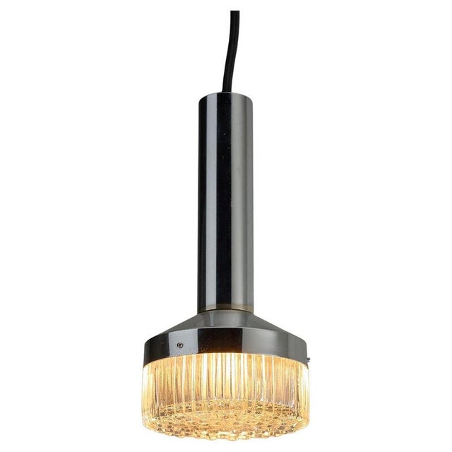 Chrome Tube Pendant Light with Textured Glass Lens, 1970s For Sale - Image 10 of 10