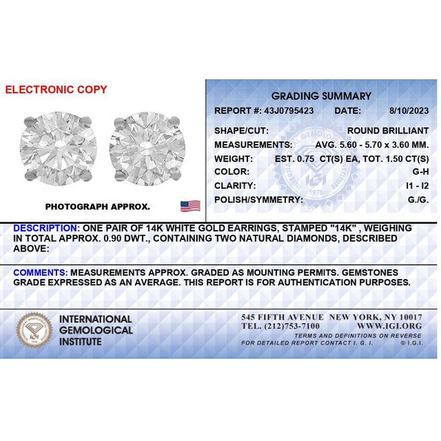 Haus of Brilliance IGI Certified 14K White Gold 1 1/2 Cttw Round Diamond Solitaire Stud Earrings with Screwbacks (G-H Color, I1-I2 Clarity) For Sale - Image 4 of 6