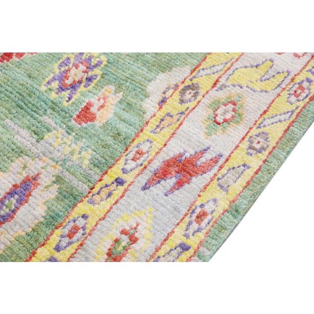 Early 21st Century Green Handwoven Wool Turkish Oushak Rug 5'4" X 7'11" For Sale - Image 4 of 9