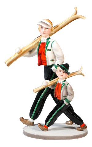 Art Deco Tyrol Skiers Figure Group attributed to Stephan Dakon for Goldscheider, 1938