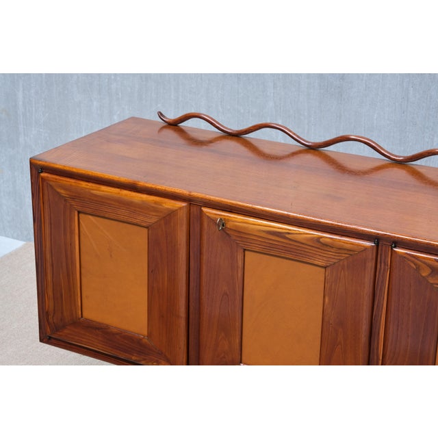 Italian Modern Walnut and Leather Sideboard with Undulating Cornice, 1950s For Sale - Image 9 of 16
