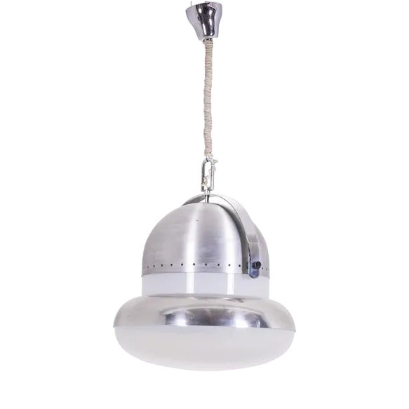 Industrial Style Pendant Light in Brushed and Opaline Metal, 1970s For Sale