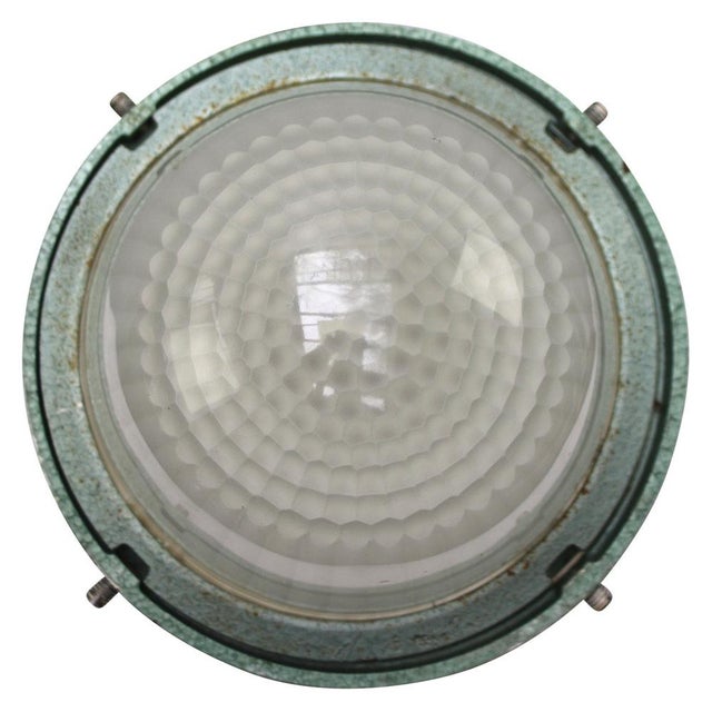 Vintage French Industrial Green Cast Iron and Frosted Cut Glass Flush Mount from Holophane For Sale - Image 7 of 9
