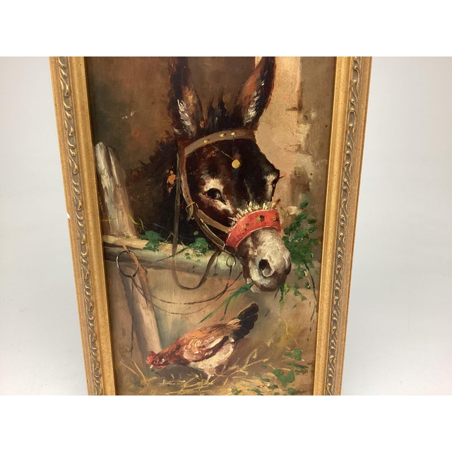 Realism Late 19th Century Signed Oil Painting Farm Seen the Donkey and Hen on Wood Panel For Sale - Image 3 of 6