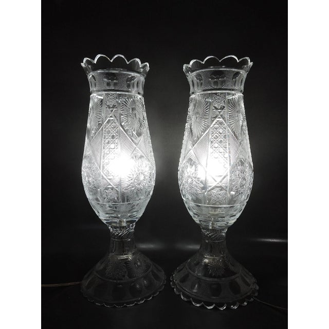 American Large ''Star & Moon' Cut Crystal Glass Wired Large Table Lamps / Lanterns - A Pair 19.5" For Sale - Image 3 of 8