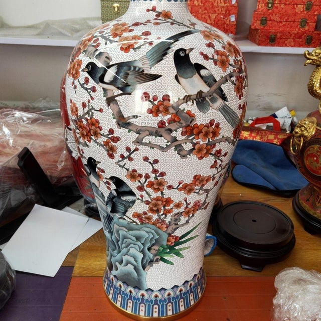 Metal Large Vintage Cloisonné Enamel Meiping Vase – Magpie & Plum Blossom Motif, Attributed to Dai Jialin For Sale - Image 7 of 9