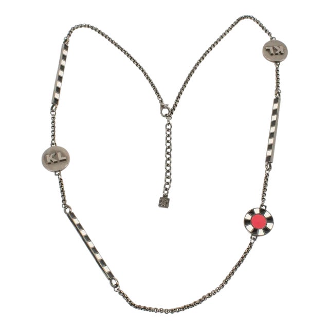Karl Lagerfeld Gunmetal Long Necklace with Red and Black Enamel For Sale