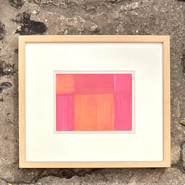 A fantastic vintage Boho oil painting. A chic mixed media in brilliant colors. Signed by the artist. Acquired from a Palm...