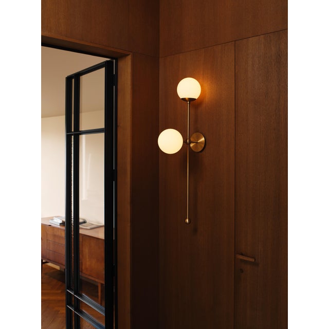 Schwung Globe Wall Sconce, 2-Light, Brasserie Style, Brass — Lbb, Black Gunmetal, Polished Nickel For Sale - Image 10 of 12