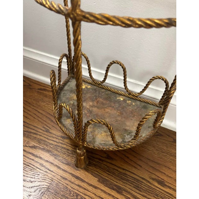 Mid Twentieth Century Hollywood Regency Twisted Metal Rope and Tassel Petite Demilune Three Shelf Table For Sale - Image 4 of 8