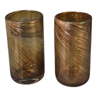 Late 20th Century Attributed Murano Art Glass Hand Blown Pair Tumblers Glasses Copper Gold Color For Sale