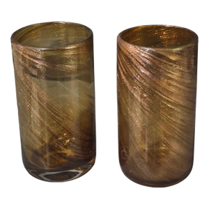 Late 20th Century Attributed Murano Art Glass Hand Blown Pair Tumblers Glasses Copper Gold Color