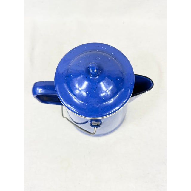Vintage Blue Speckled Enamelware Coffee Percolator Pot With Bail Handle For Sale In New Orleans - Image 6 of 10