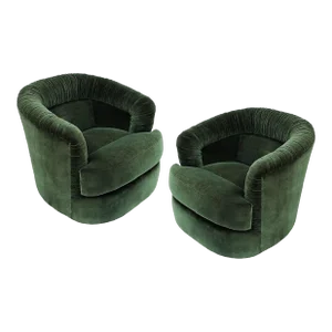 Mid-Century Modern Green Ruched Barrel Back Swivel Chairs - A Pair