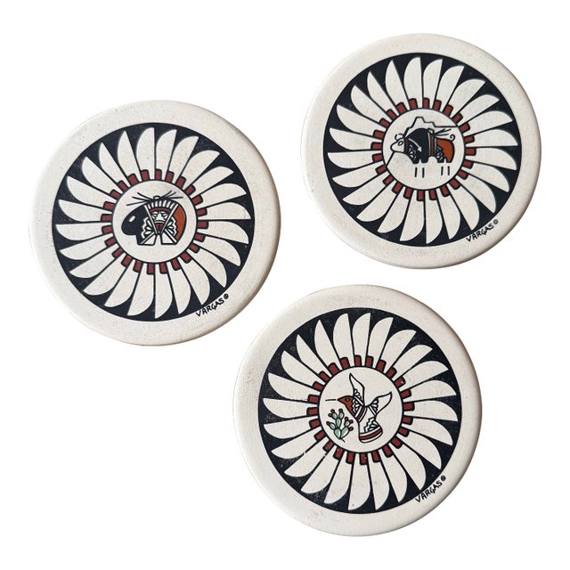 Late 20th Century Native American Acoma Pottery Coasters, Set of 3 For Sale