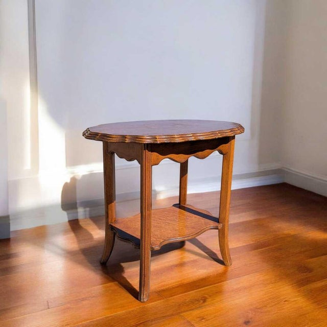 Vintage Oval Wood Side Table With Scalloped Edge and Lower Shelf For Sale - Image 11 of 12