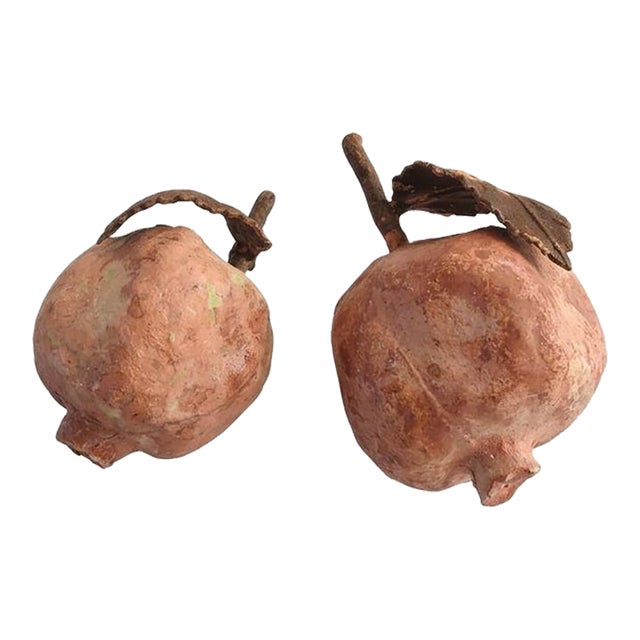 Late 20th Century Artisan Hand-Molded Terracotta Pomegranate Sculptures With Metal Foliage - Pair For Sale