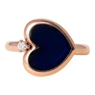 Fidia Firenze Black Enamel Heart & Diamond Ring in 18k Rose Gold, Size 5.5 For Sale