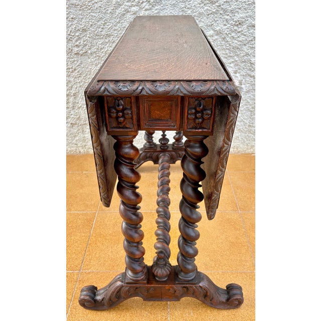 1920s Spanish Baroque Revival Drop-Leaf Table With Carved Barley Twist Legs For Sale - Image 9 of 10