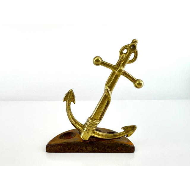 Vintage 1940's Brass Anchor Desk Inkstand on Cast Iron Base | Nautical Maritime Desk Accessory For Sale - Image 4 of 8