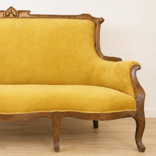 Textile Art Nouveau Walnut and Velvet Sofa, Spain, Early 20th Century For Sale - Image 7 of 10