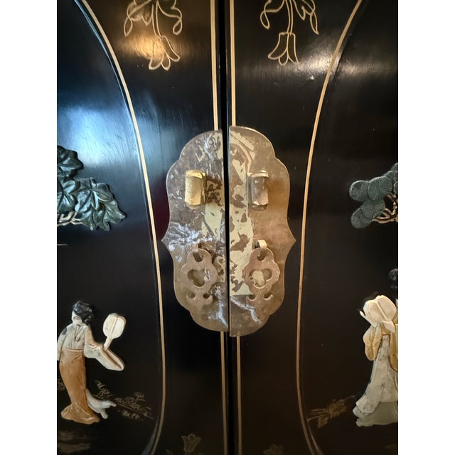 Black Vintage Chinese Black Lacquer Cabinet With Mother-of-Pearl Figures For Sale - Image 8 of 11