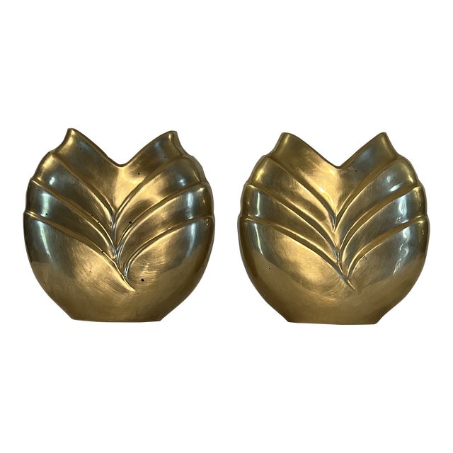 Vintage Hollywood Regency Art Deco Style Polished Brass Vases - A Pair Inspired by Dolbi Cashier. For Sale