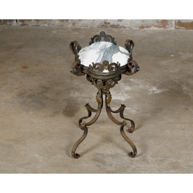 Brass 19th Century French Iron and Brass Guéridon Table with Quatrefoil Inspired Marble Top For Sale - Image 8 of 12