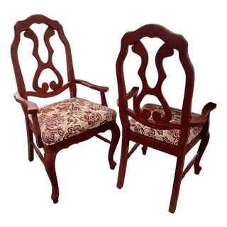 Vintage Red Chinoiserie-Style Armchairs With Floral Upholstery For Sale