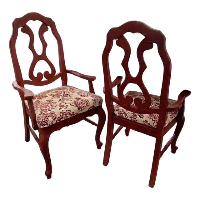 Vintage Red Chinoiserie-Style Armchairs With Floral Upholstery For Sale