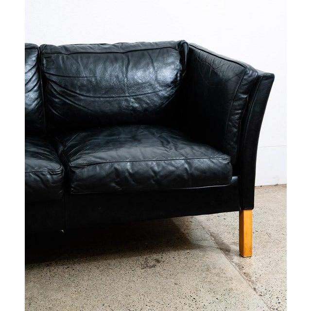 Black Mid 20th Century Danish Modern Sofa Couch 3 Seat Borge Mogensen Leather Black Settee For Sale - Image 8 of 12